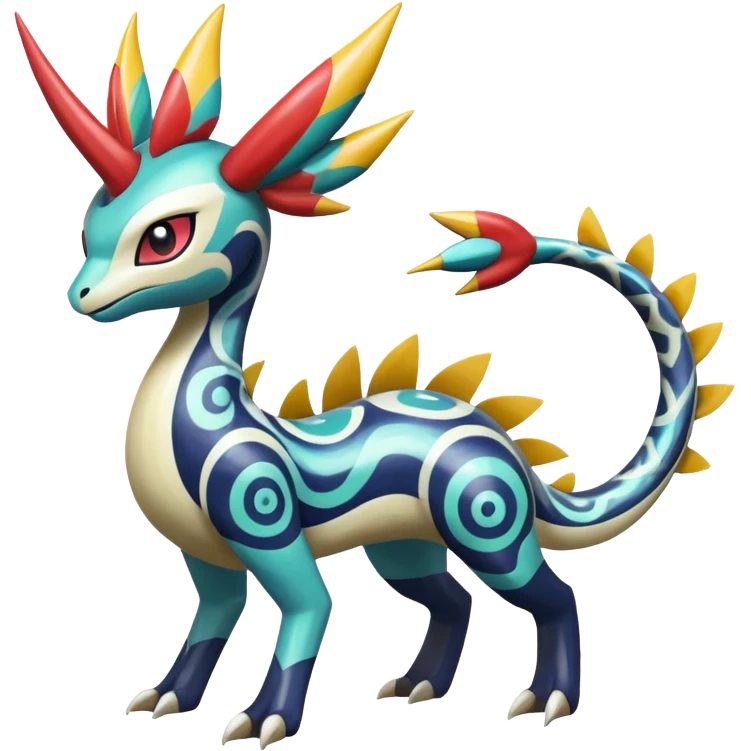 zig-zag-patterned clownish colorful exotic fruity tribal tropical hot swirl-marked Meloetta-Dialga-Salamence-Giratina-Noivern-Pokémon-Fakémon-fusion-hybrid-creature emoji