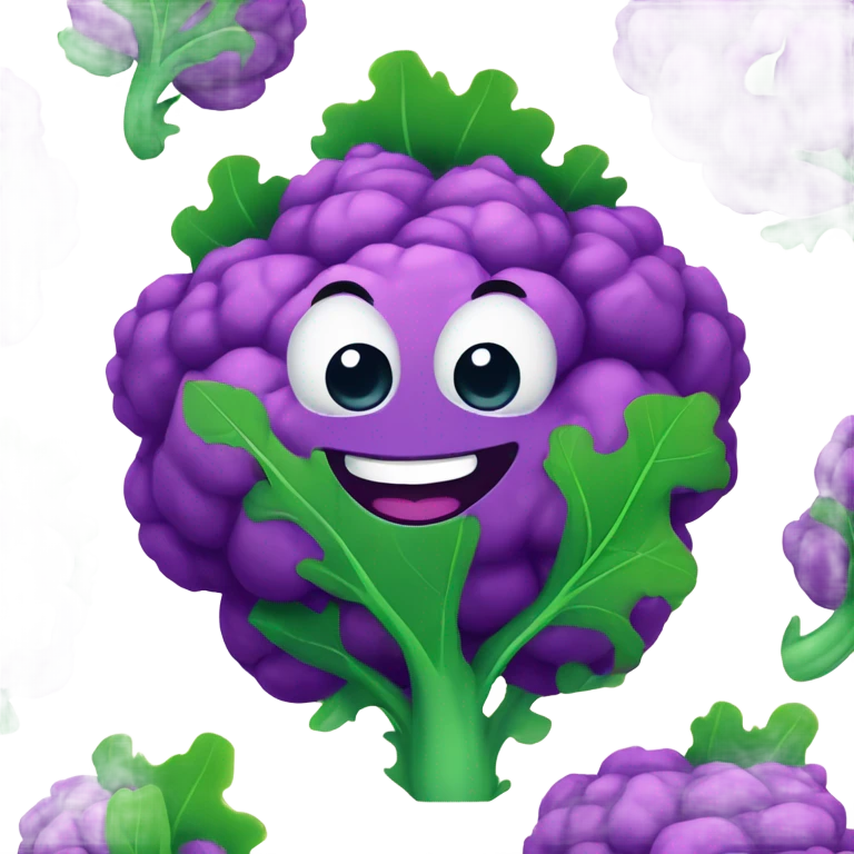  Cheerful purple cauliflower with vibrant green leaves, a cute face with big expressive eyes and a friendly smile, styled in a cartoonish and playful design. emoji
