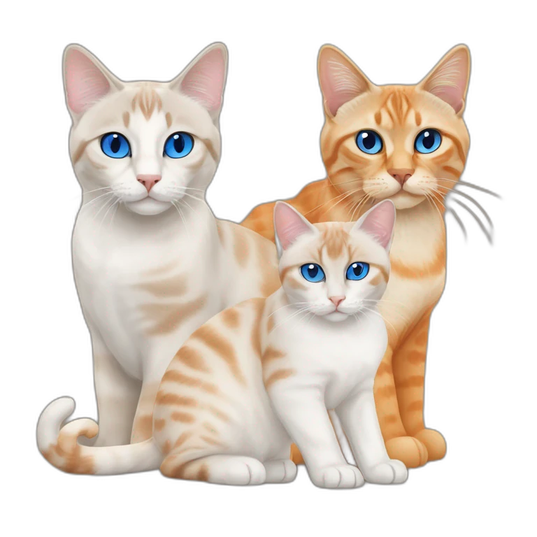 three cats, one lynx point siamese cat with blue eyes, one orange and white tabby cat, and one all orange cat emoji