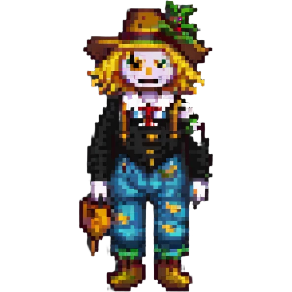 pixel art scarecrow with yellow hair and patched clothes emoji