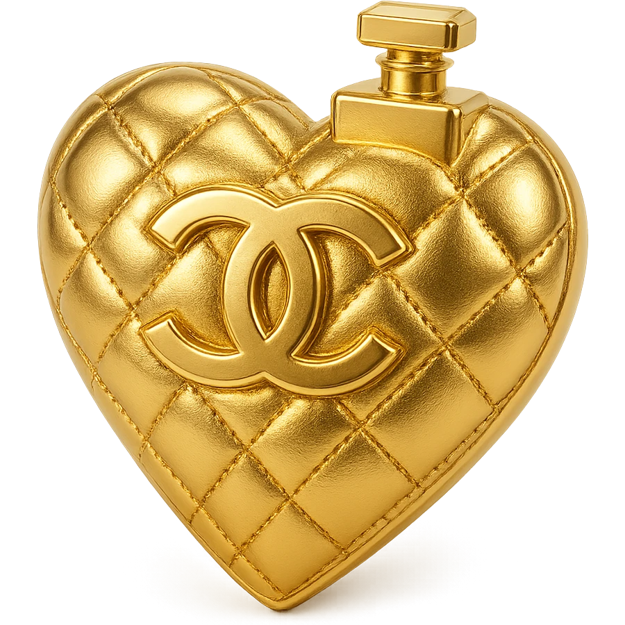 Chanel heart in metallic gold style with a quilted pattern and a small perfume bottle, Chanel-inspired emoji