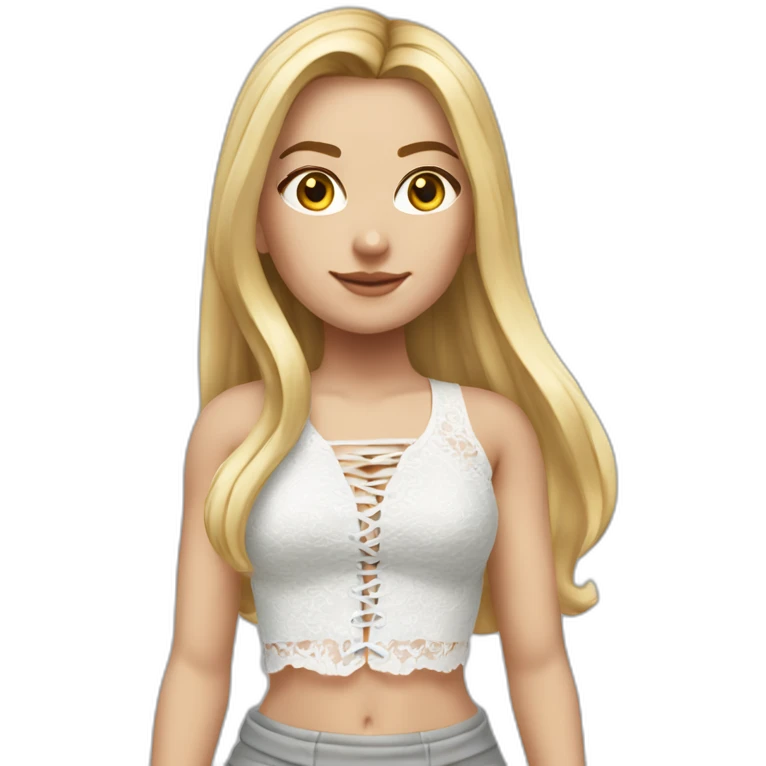 realistic caucasian female, long straight blonde hair, white lace up crop top, grey mini skirt, body view emoji