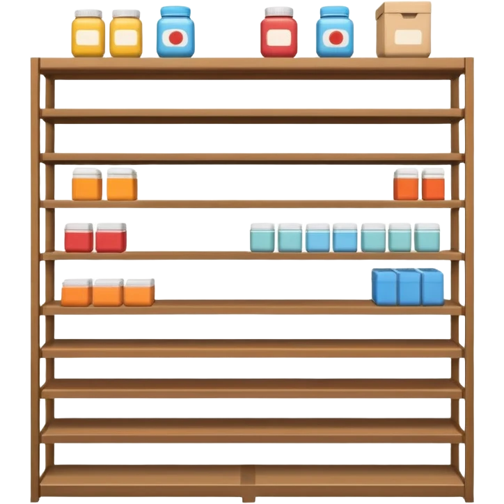 "Minimalist Japanese shelf display, products aligned identically in horizontal rows, each item repeated directly behind the other (multiple units in depth), vertically varied by type, clean spacing, precise symmetry, soft neutral lighting, front-facing packages, ultra-detailed." emoji