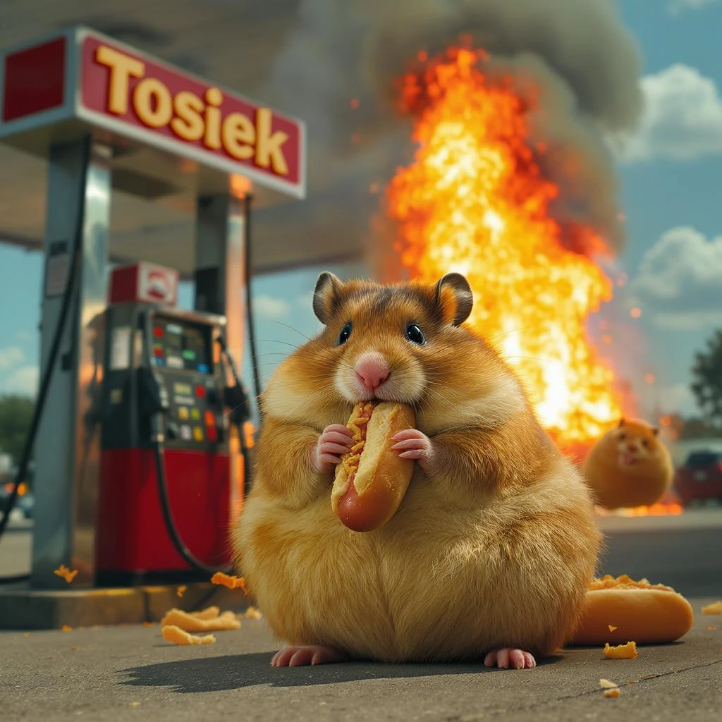 Cinematic still of A portrait of a fat hamster eating hotdog on gas station, gas station is in fire, other hamster fun away, sunny day, back light explosion , gas station named "Tosiek" emoji