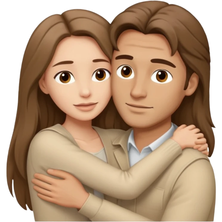 A white handsome man with brown hair in pale beige clothes supports and hugs a beautiful woman with long hair in pale beige clothes emoji