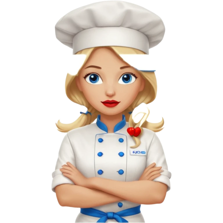 Beautiful, sexy,  long blonde hair, blue eyed, full red lips female chef arms folded  emoji