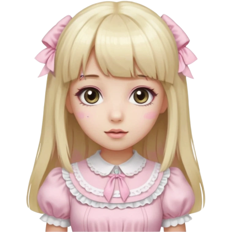 pale girl , who has straight hair medium length blonde and baby pink swirled hair with bangs , grey eyes , and doll like makeup , in a light pink lolita hime gyaru dress emoji | AI Emoji Generator emoji