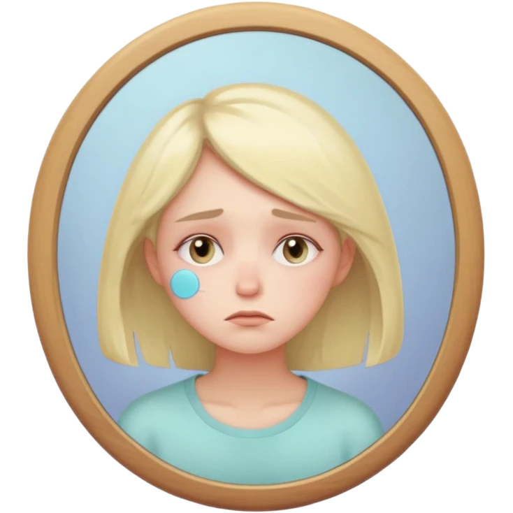 thoughtful tired woman looking in the mirror, gentle pastel tones, soft lighting, emoji style, symbolizes fatigue not ageing emoji