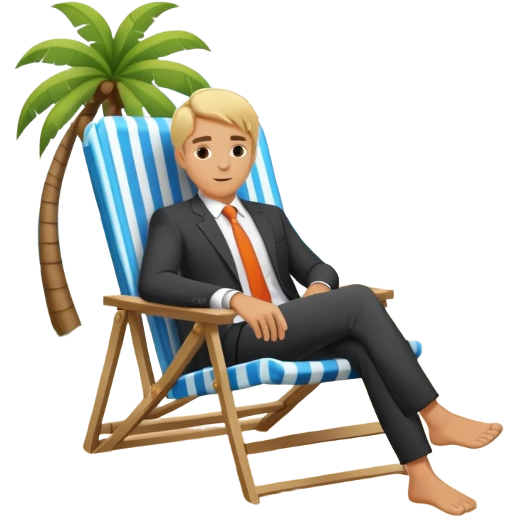 blonde man in business suit sitting in a beach chair on a tropical beach, vacation emoji