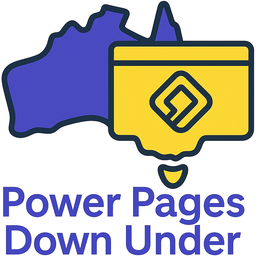Make the icon more colorful by using #403DAD, a vibrant purple, and #fff7ad as accent colors. Keep the map of Australia with the official Microsoft Power Pages icon overlay and the text 'Power Pages Down Under' in a clean, modern font. No digital web overlay emoji