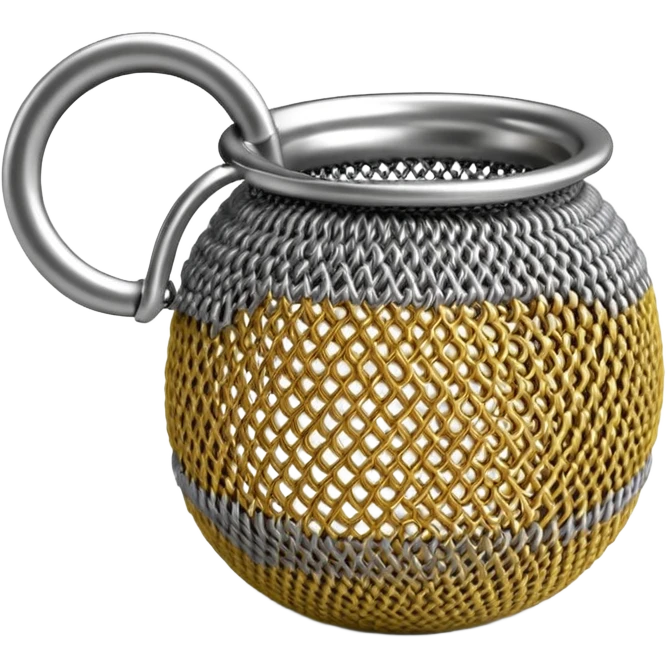 3D render of Tea Strainer, made of interlocking chainmail metal rings, wire mesh texture, visible holes and negative space, metallic silver and grey, high contrast shadows, emoji style, isolated on white background --v 6.0. emoji