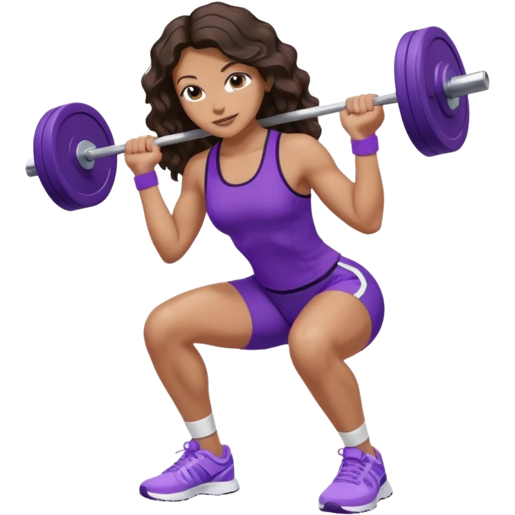 mujer de tez trigueña, con cabello castaño oscuro ondulado con pequeñas ondas, con el cabello super largo hasta las rodillas estilizado, con ropa deportiva morada/lila, tenis blancos deportivos y levantando una pesa emoji