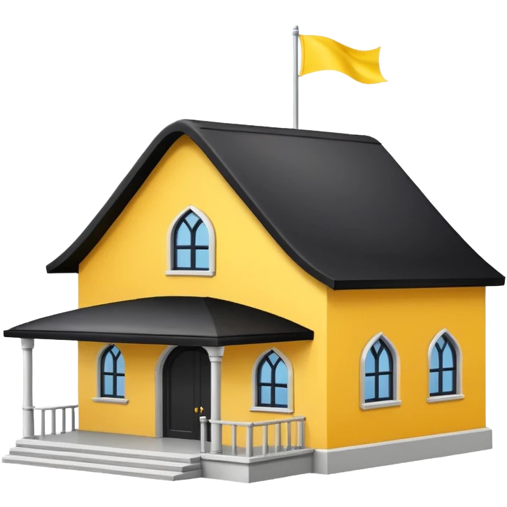 simple magic school, low detail, white background, magic school, black roof, with a big flag, big flag on a roof, big yellow flag, white school emoji