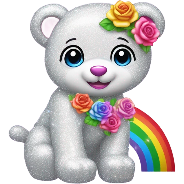 Lisa frank white glitter bear with rainbow roses emoji