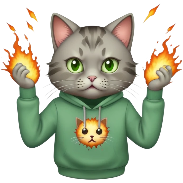 A cat in a green sweatshirt with exploding brains emoji