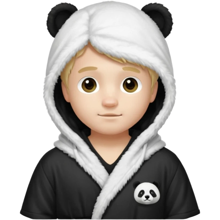 Create a blond boy with long, messy hair, light eyes, a white t-shirt, rich, with long hair, blue eyes, medium-length, voluminous hair, wearing a black Nike bathrobe and a little blush near his nose. and with a panda balaclava, but showing her hair. emoji