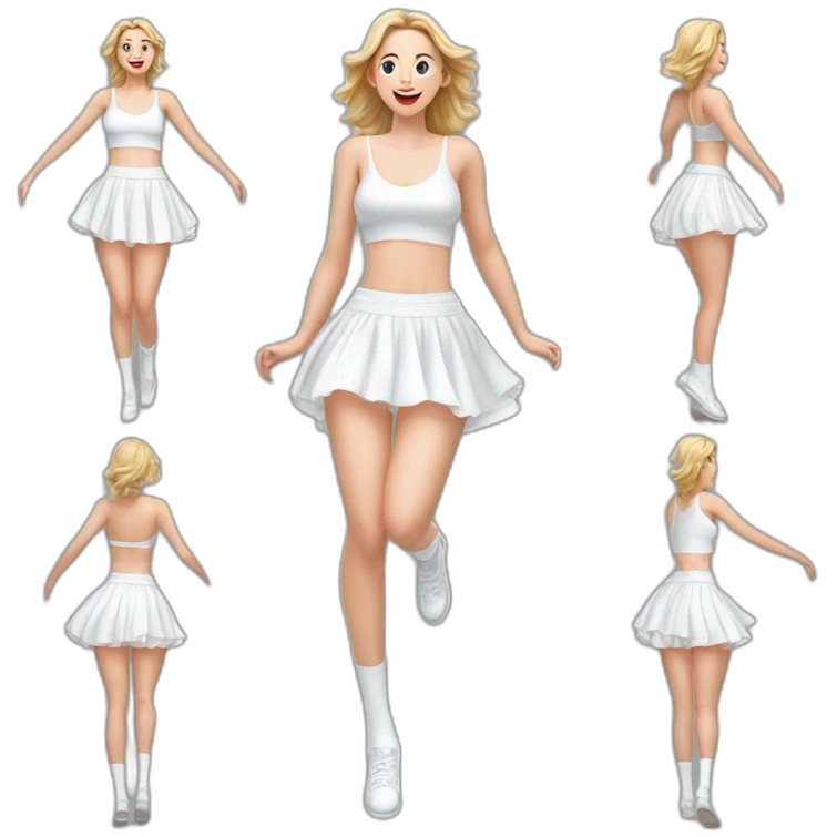 Hyperrealistic Full body Caucasian curvy beauty jumping short white skirt back and front views strong wind knickers long white socks emoji