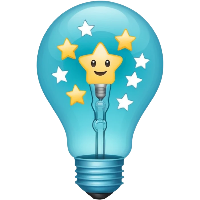 Light bulb icon with three small stars inside the bulb, flat emoji style, outline with blue and turquoise colors, white background emoji