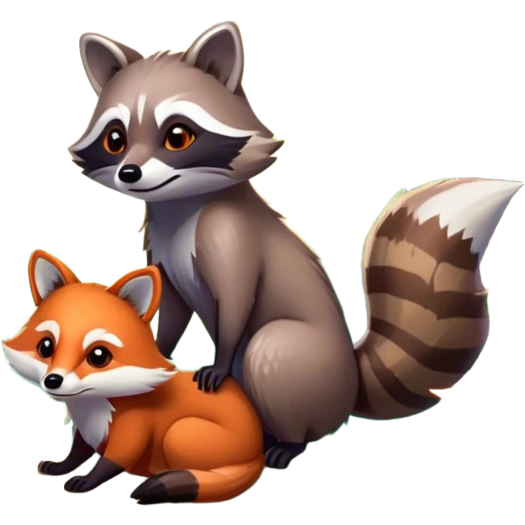 Collage of a raccoon and a fox, in close-up, surrounded by a colorful forest with rich green trees, thick bushes, and vibrant foliage. Sunlight peeks through the branches, casting warm light on the animals. A lively, natural setting with a transparent background. emoji