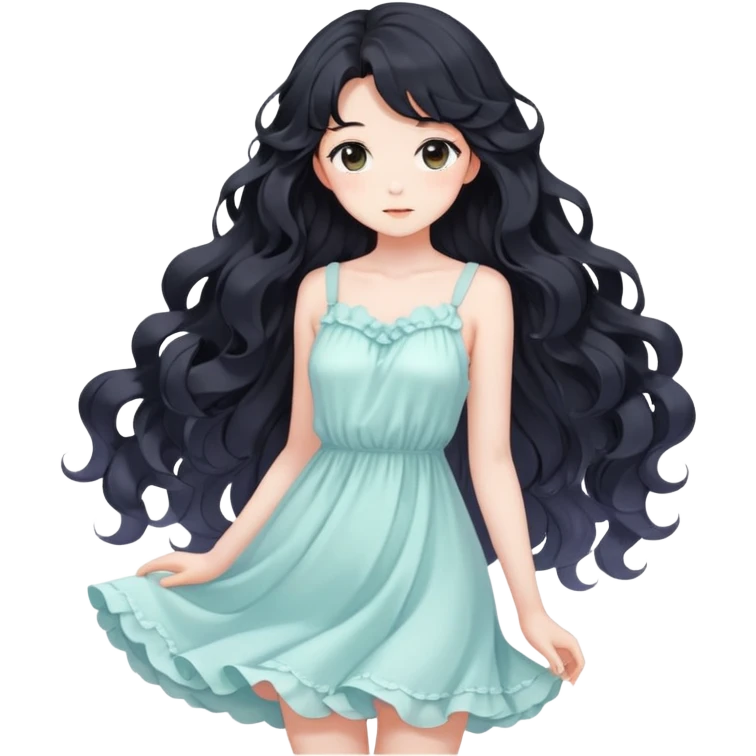 Pretty anime girl with flowing black wavy hair and a soft delicate pastel dress, kawaii style emoji