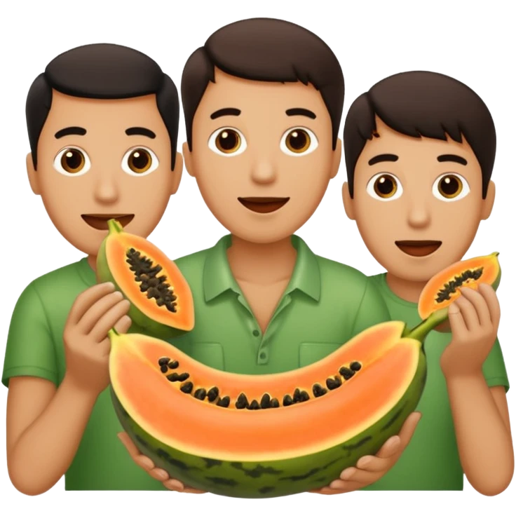 3 hombres comiendo papaya partida en 2 partes emoji