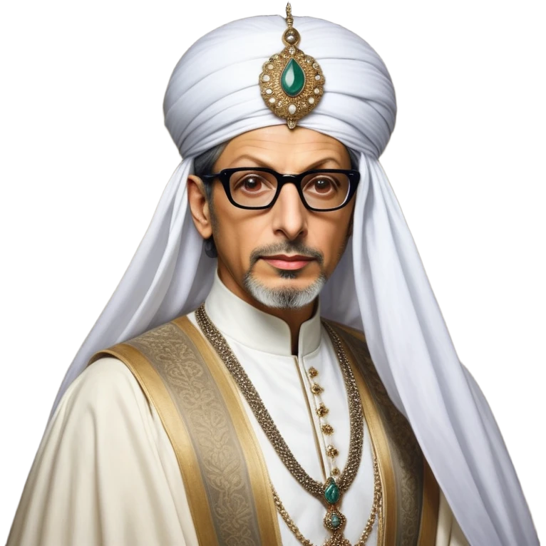Jeff Goldblum no glasses as a regal portrait dressed as _cinematic-realistic-portrait-of-suleiman-the-magnificent,-depicted-as-a-regal-ottoman-sultan-adorned-with-a-large,-white,-round,-tall-turban-and-a-majestic-grey-beard,-his-commanding-gaze-bathed-in-warm,-historic-lighting-that-exudes-timel emoji
