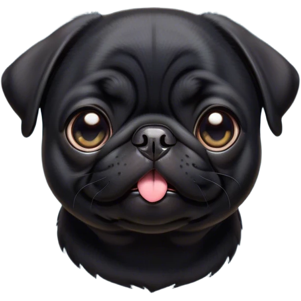 Cinematic Cute Black Pug Portrait Emoji, Head tilted playfully and inquisitively, featuring a glossy black coat with a smooth finish, round, sparkling dark eyes filled with curiosity, Simplified yet irresistibly adorable features, highly detailed, glowing with a warm, friendly glow, high shine, affectionate and lively, stylized with a touch of whimsy, bright and endearing, soft glowing outline, capturing the essence of a mischievous yet loving pup, so playful it feels like it could bounce out of the screen and into your arms! emoji