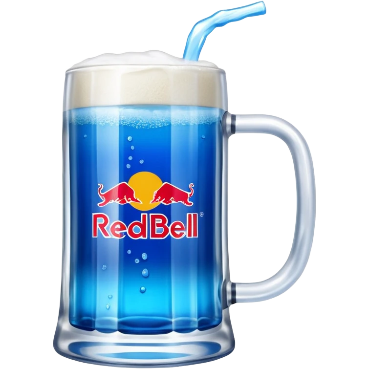 Large clear glass mug similar to beer stein with bright blue liquid inside. Put redbull drink logo on  mug. Add ridges to mug  emoji