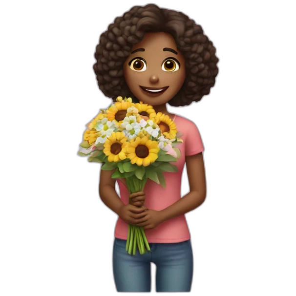 A girl is photographed with a bouquet emoji