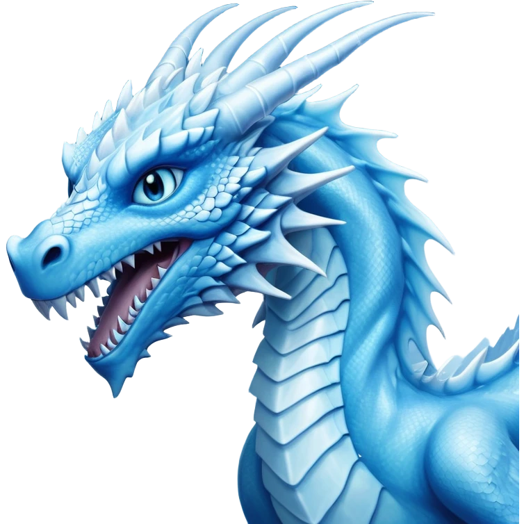 Cinematic Noble very elegant slender Ice Dragon Portrait Emoji, Poised and imposing, distinct long elegant snout, with a slender, scaled body shimmering in glacial hues of icy blue, frostbitten silver, and crystalline white, breathing out frost, with piercing, glowing ice blue white eyes that radiate the chilling depths of an arctic storm; rendered in detail. excuding wisdom emoji