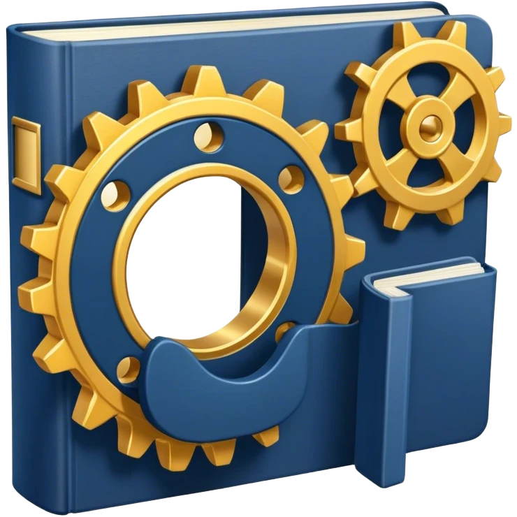 Un libro azul navy con detalles dorados, bordes metálicos y un gear dorado con una tabla ascendente como productividad en la portada, estrategia y éxito en movimiento (book of productivity) emoji