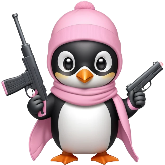 penguin wearing light pink ski mask holding a light pink gun emoji