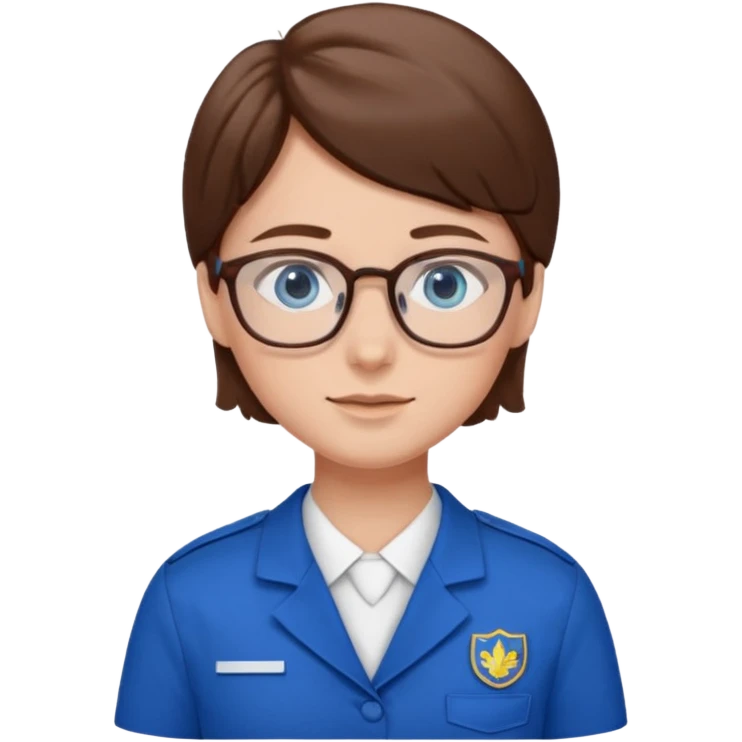 Generate from my photo brown hair blue eyes with glasses wearing care blue uniform emoji