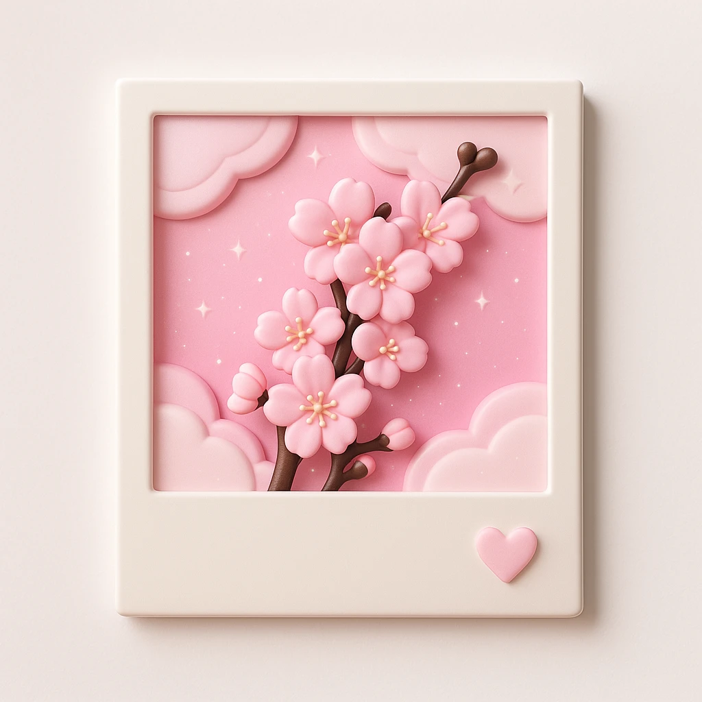 A polaroid picture with pink cherry blossoms and a pink sky with stars and clouds, in 3D iOS style, with a white background, with more details. emoji