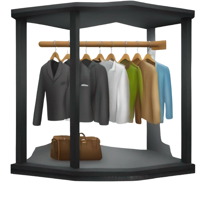 Design an emoji-style icon of an open wardrobe with clothes hanging inside. Include details like a wooden frame, hangers, and only black or white different clothing items such as shirts or any other clothing . Use a clean and minimalistic design. emoji