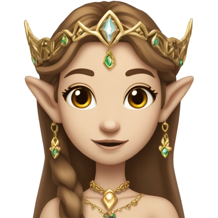 elf princess with pointy ears, white skin, brown hair with jewellery,  emoji