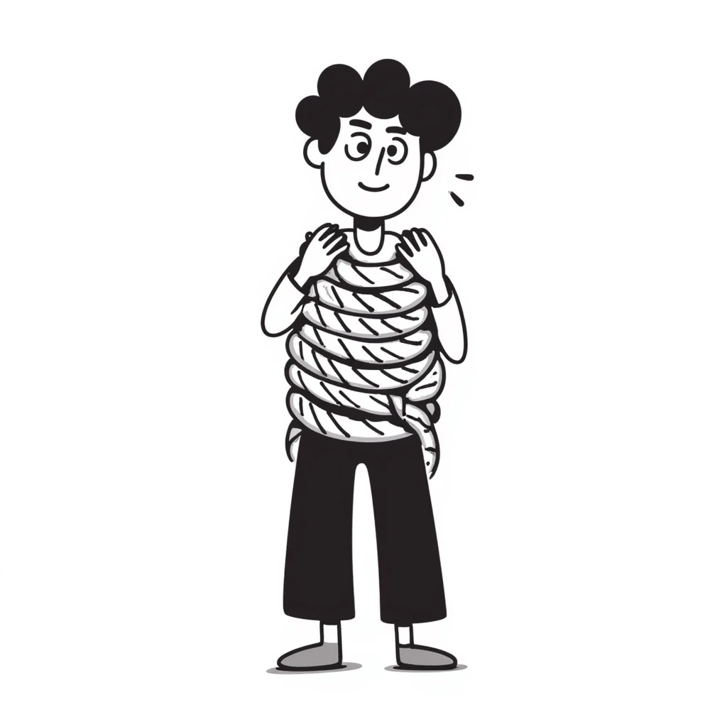 A person humorously tied up and tangled in rope with a silly expression, drawn in a lighthearted way emoji