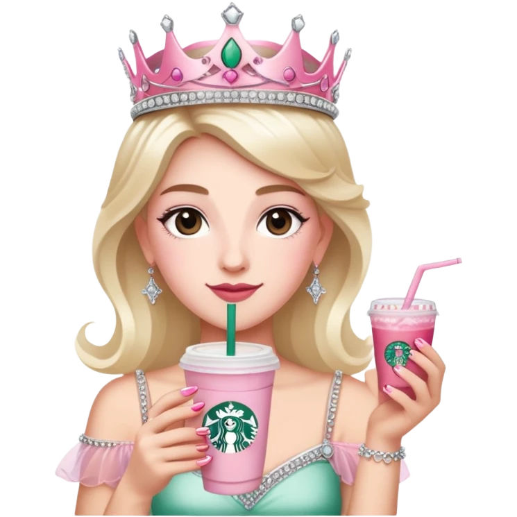 Me with French tip fingernails, a tiara, and a pink Starbucks drink  emoji