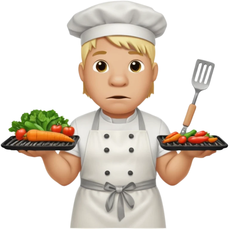 hippo man with tied blond hair and and a white apron grilling vegetables on a sizzling grill emoji
