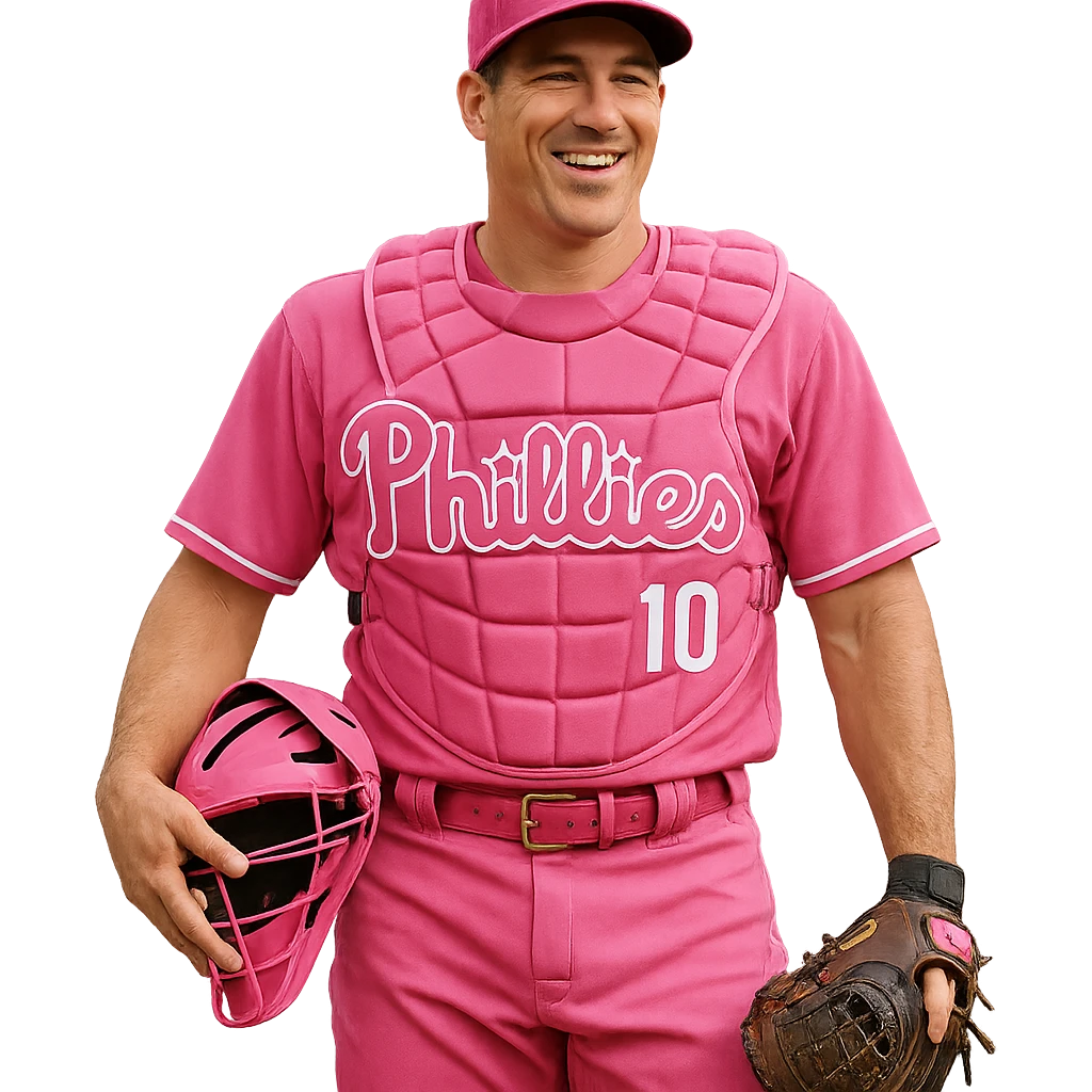 J.T. Realmuto wearing an all pink baseball uniform for Mother's Day, realistic details, baseball gear, cheerful expression emoji