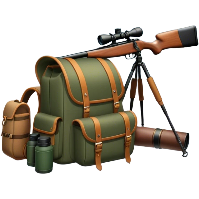 Icon for Hunting Tourism: a hunting rifle, binoculars, and animal tracks in the snow, with a forest background and a hunter’s backpack. The icon should represent the adventure and experience of hunting in nature. Transparent background. emoji