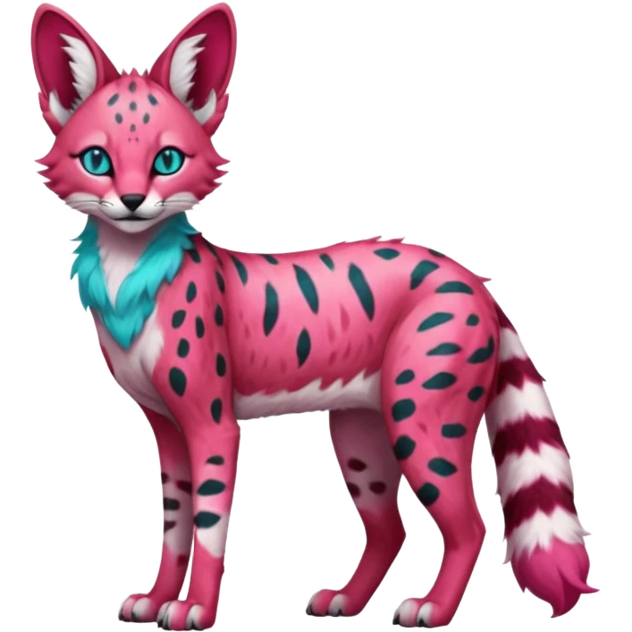 Epic complex detailed sanguine-red magenta pink white pastel realistic aesthetic-scenic-Fakémon-Trico-Sergal-Serval-Vernid-creature with cyan markings  emoji