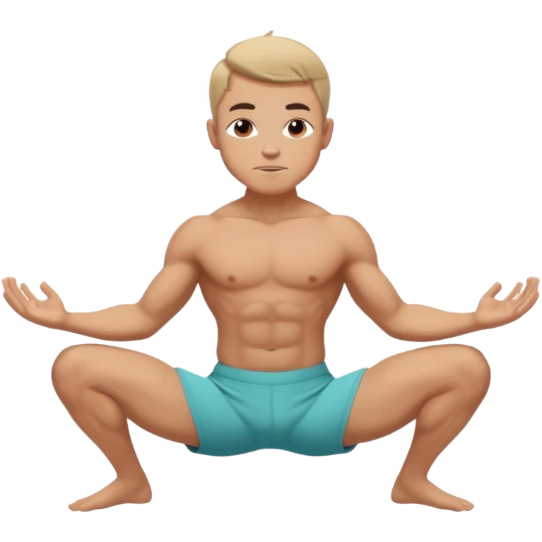 man performing Astavakrasana (Eight-Angle Pose) yoga position. The character has a friendly face, wearing simple athletic shorts. emoji