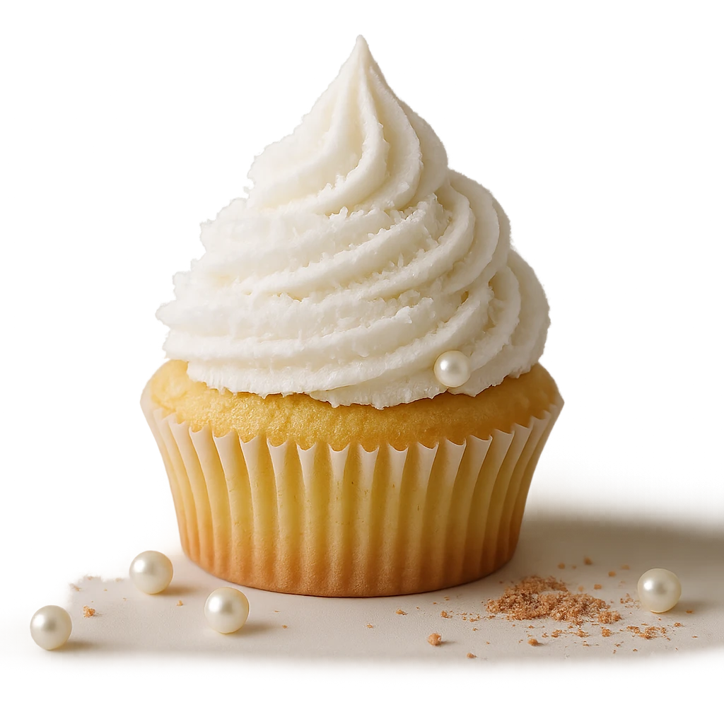 Change the icing to coconut (white, with a slightly textured or shredded coconut appearance), keep the realistic cupcake and accessories, photorealistic style, transparent background. emoji