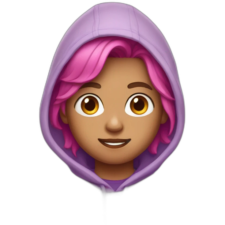 A boy with short bright pink hair, hair length of 6 millimeters and earrings in a purple hoodie emoji