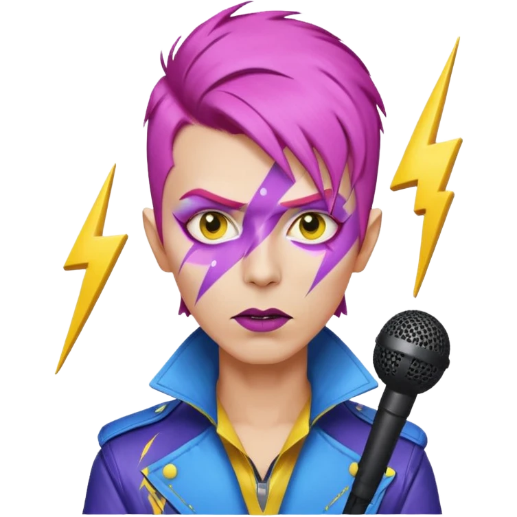 male rockstar emoji character inspired by David Bowie, short side-swept pink hair, lightning bolt face paint across one eye, yellow emoji skin, dark lipstick, purple and blue futuristic jacket, microphone in front, white background emoji