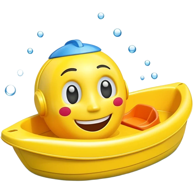 A yellow plastic toy bath boat with a big happy smiling face on the front emoji
