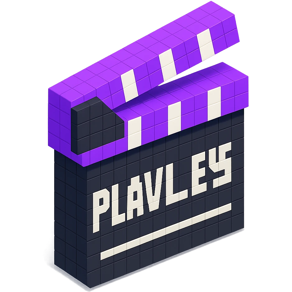 voxel style movie clapperboard with the text 'PLAVLEYS', purple lid, black body, isometric view emoji