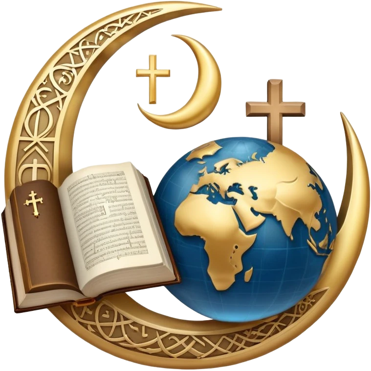 An icon featuring a Bible, The Quran, The Orthodox cross, a crescent moon, symbolizing the study of religions. The design includes diverse religious symbols and a globe, representing global beliefs and spiritual practices. Transparent background highlights the exploration of faiths and traditions. emoji