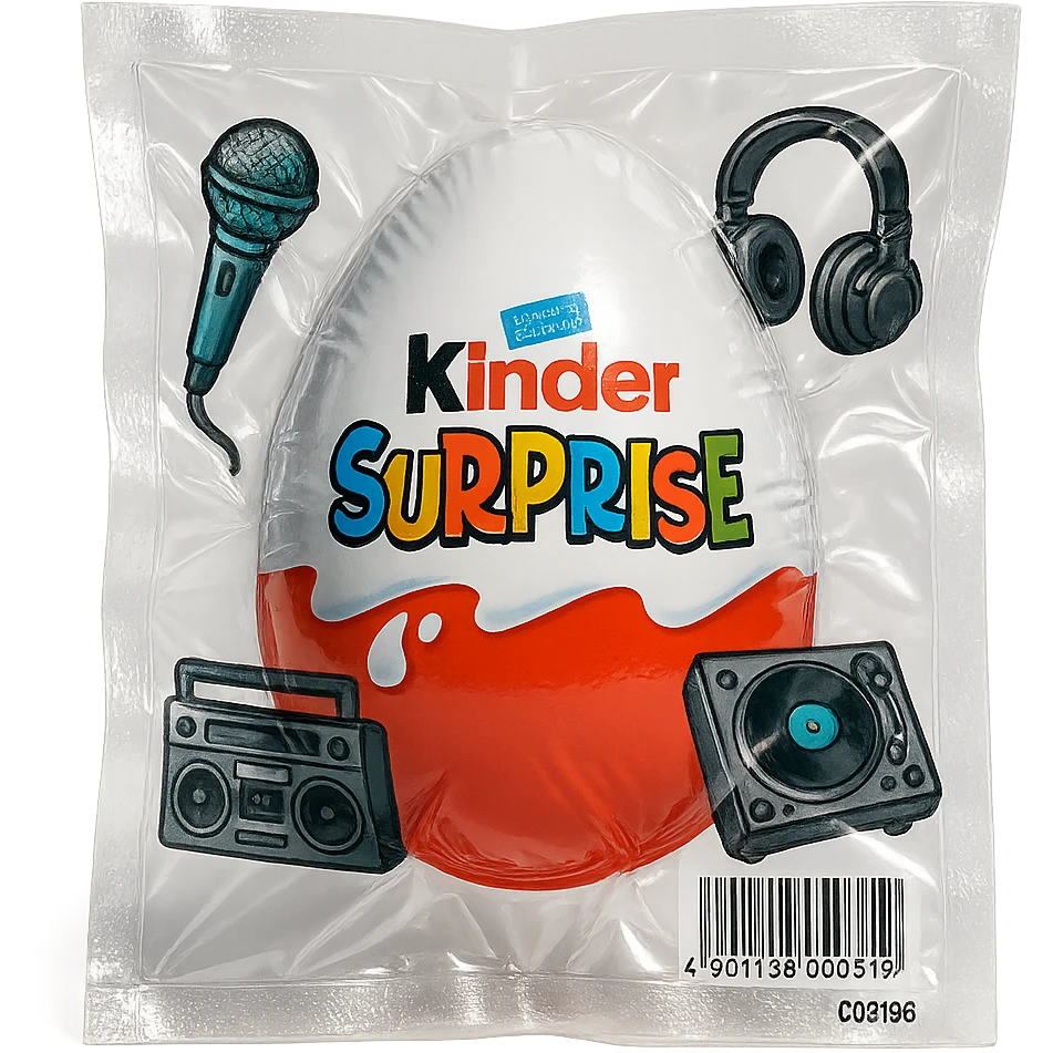 Kinder Surprise egg with standard packaging, toys including microphone, boombox, headphones, DJ setup, glossy and puffy vacuum-sealed style emoji